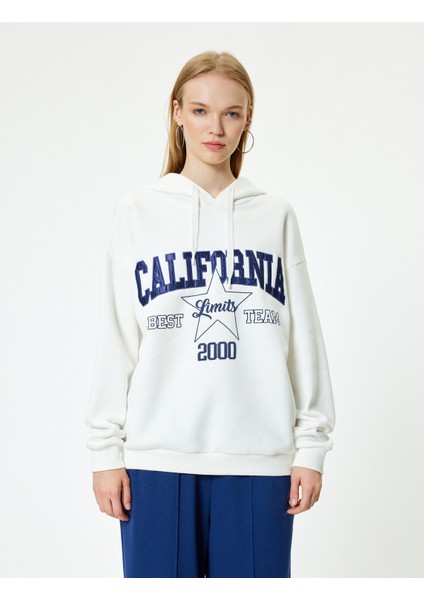 Oversize Kapüşonlu Sweatshirt Kolej Işlemeli Uzun Kollu Şardonlu