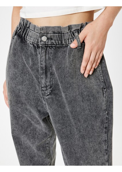 Baggy Kot Pantolon Yüksek Bel Bol Kalıp Beli Lastikli Düz Paça - Baggy Jeans