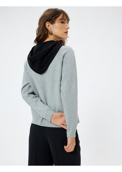 Kapşonlu Triko Sweatshirt Kazak Renk Kontrastlı fırsatları