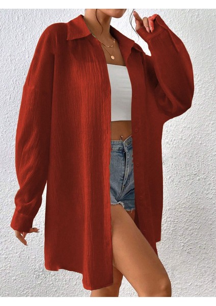 Kadın Kiremit Oversize Uzun Gömlek