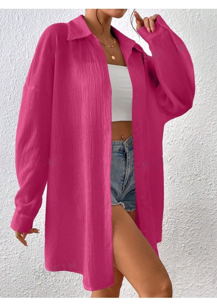 Kadın Fuşya Oversize Uzun Gömlek