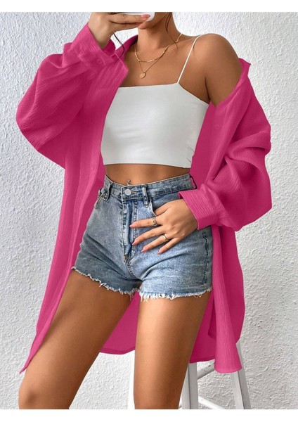 Kadın Fuşya Oversize Uzun Gömlek