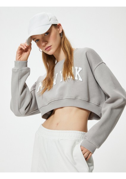 Crop Oversize Sweatshirt Kolej Baskılı Bisiklet Yaka