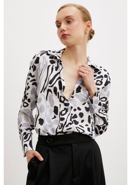 V Yaka Leopar Desen Gömlek Siyah indirimleri