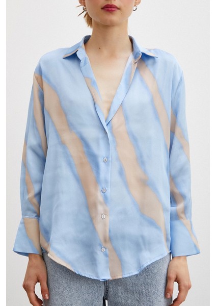 Desenli V Yaka Saten Gömlek Mavi fiyatları