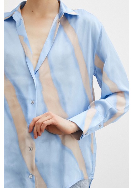 Desenli V Yaka Saten Gömlek Mavi modelleri