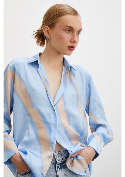 Desenli V Yaka Saten Gömlek Mavi indirimleri