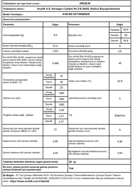 8100 Mx A Enerji Sınıfı 8 kg 1000 Devir Çamaşır Makinesi