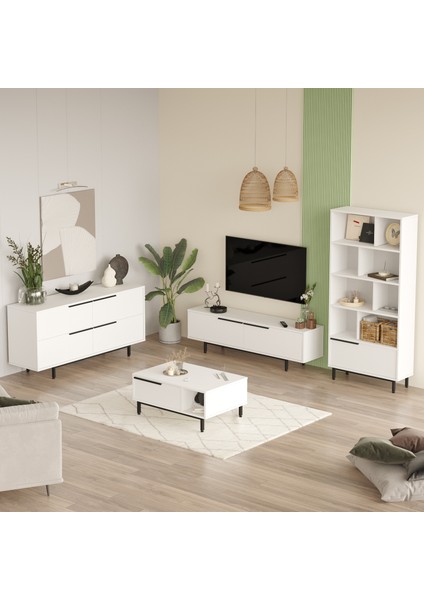 Leena Tv Ünitesi Orta Sehpa Konsol Kitaplık 4'lü Set Beyaz LA21-W