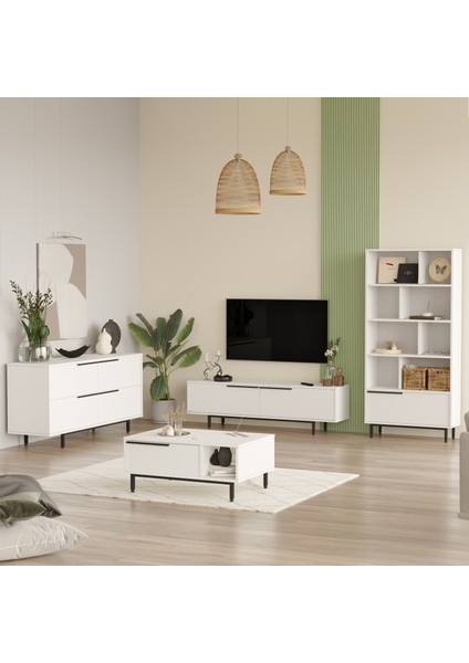 Leena Tv Ünitesi Orta Sehpa Konsol Kitaplık 4'lü Set Beyaz LA21-W
