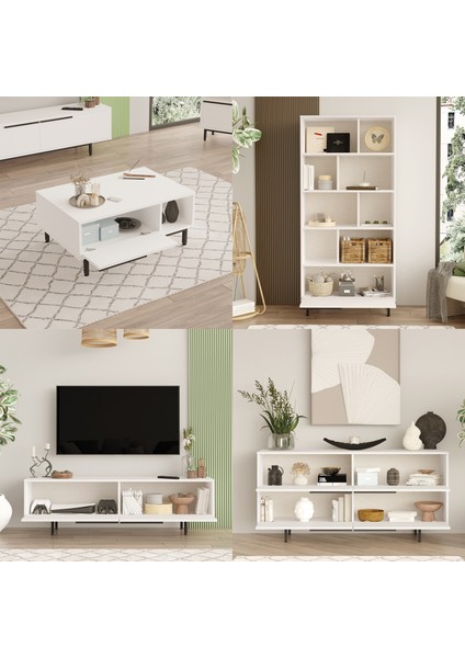 Leena Tv Ünitesi Orta Sehpa Konsol Kitaplık 4'lü Set Beyaz LA21-W