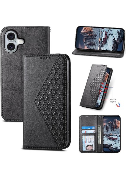 IPhone 16 Için Flip Case Eşkenar Dörtgen Şekli Cüzdan Standı El Kayışı Günlük Kullanım (Yurt Dışından)