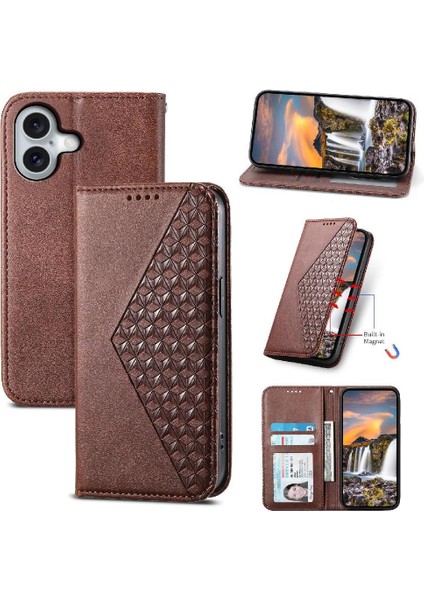 IPhone 16 Için Flip Case Eşkenar Dörtgen Şekli Cüzdan Standı El Kayışı Günlük Kullanım (Yurt Dışından)