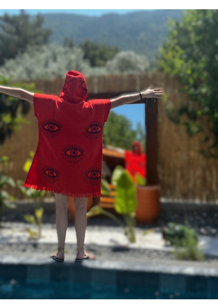 Krizantem Panço / Plaj Elbisesi / Bornoz Kırmızı Kumaş Nazar Göz Desen Baskılı