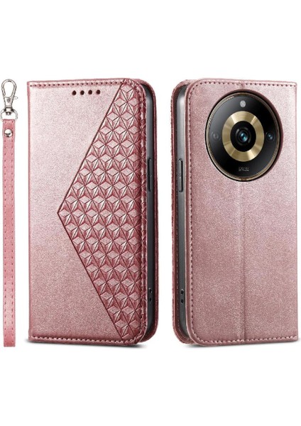 Realme 11 Pro Için Flip Case Standı El Kayışı Eşkenar Dörtgen Şekli Günlük Kullanım Cüzdan (Yurt Dışından)