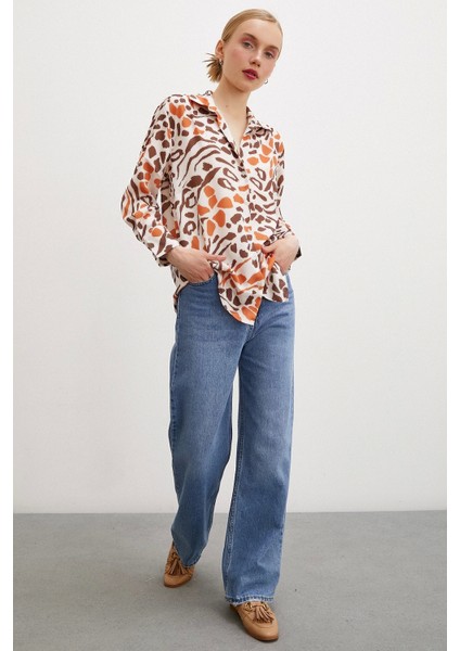 V Yaka Leopar Desen Gömlek Taş fırsatları