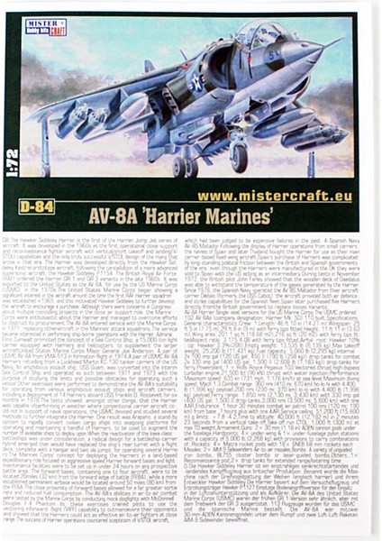 D084 1/72 AV-8A Harrier Marines Savaş Uçağı Plastik Model Kiti modelleri