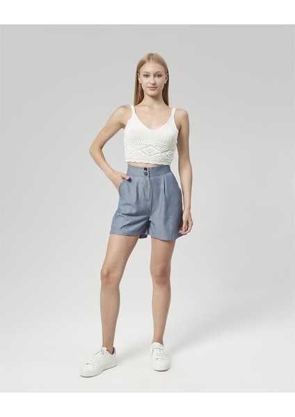 Yüksek Bel Atlantis Kumaş Bermuda Şort Mavi