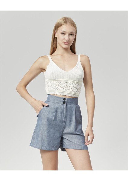 Yüksek Bel Atlantis Kumaş Bermuda Şort Mavi fiyatları