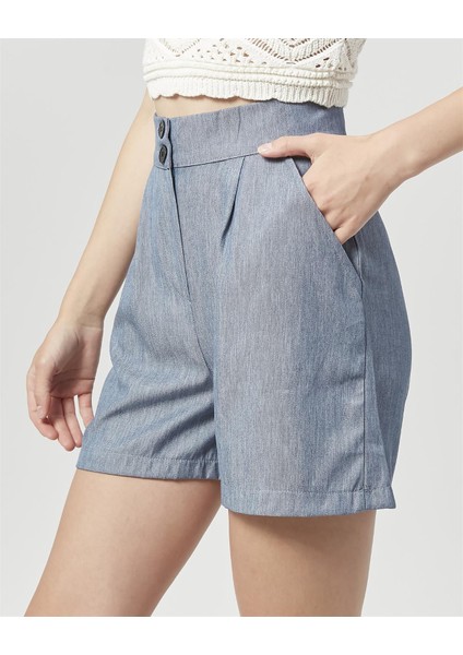 Yüksek Bel Atlantis Kumaş Bermuda Şort Mavi modelleri
