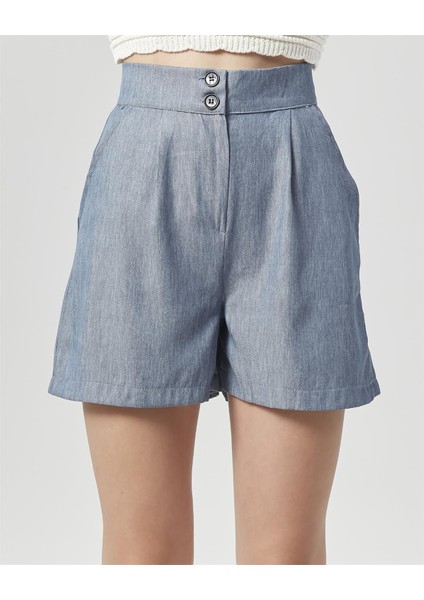 Yüksek Bel Atlantis Kumaş Bermuda Şort Mavi fırsatları