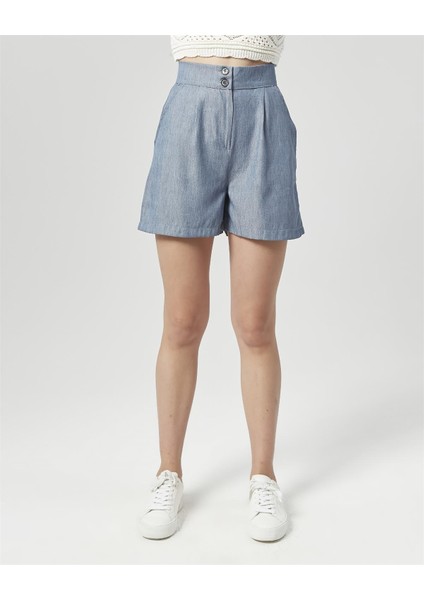 Yüksek Bel Atlantis Kumaş Bermuda Şort Mavi indirimleri
