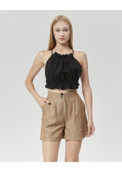 Yüksek Bel Atlantis Kumaş Bermuda Şort Vizon fiyatları