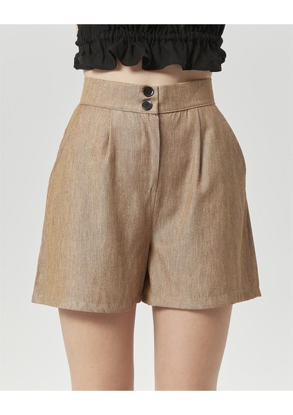 Yüksek Bel Atlantis Kumaş Bermuda Şort Vizon modelleri