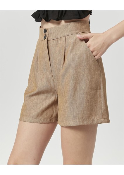 Yüksek Bel Atlantis Kumaş Bermuda Şort Vizon fırsatları