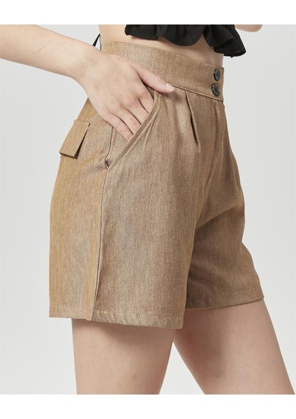 Yüksek Bel Atlantis Kumaş Bermuda Şort Vizon indirimleri