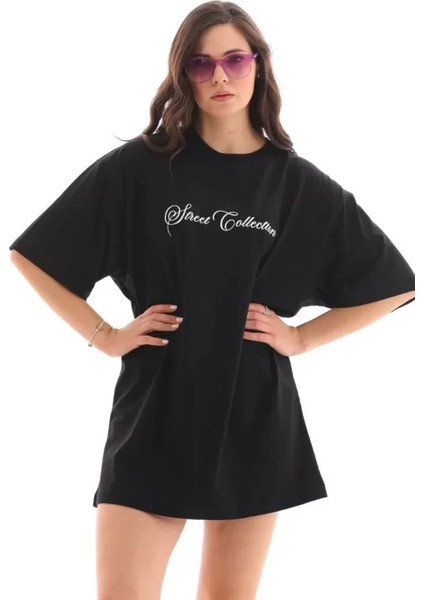 Unisex Bisiklet Yaka Baskılı Oversize T-Shirt - Siyah fırsatları