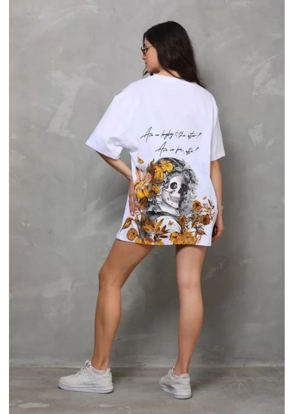 Unisex Bisiklet Yaka Baskılı Oversize T-Shirt - Beyaz fırsatları