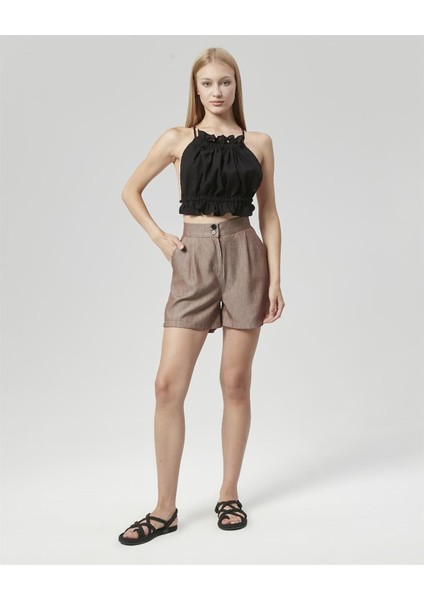 Yüksek Bel Atlantis Kumaş Bermuda Şort Kahverengi