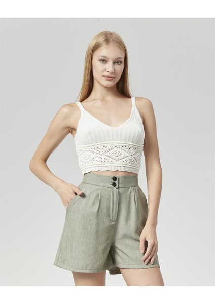 Yüksek Bel Atlantis Kumaş Bermuda Şort Su Yeşili fiyatları