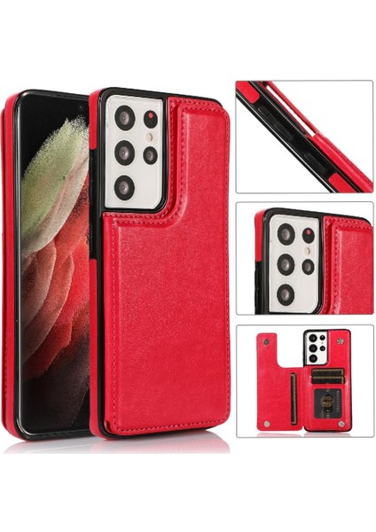 Kart ile Samsung Galaxy S21 Ultra Çift Manyetik Toka Için Cüzdan Kılıf (Yurt Dışından)