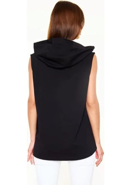 Unisex Kapşonlu Kolsuz Düz Oversize T-Shirt - Siyah fiyatları