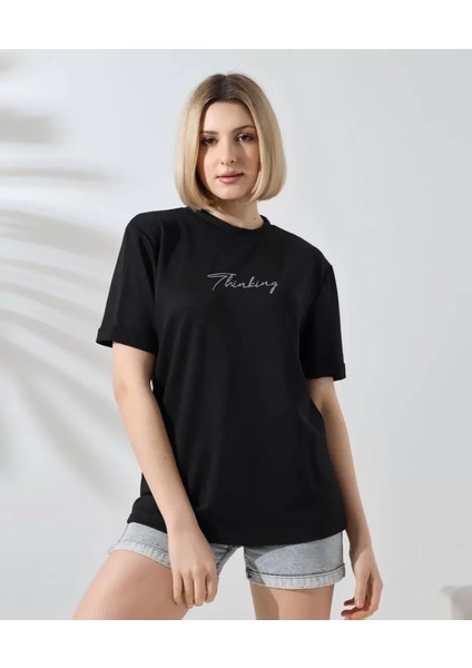 Unisex Bisiklet Yaka Baskılı Slim Fit T-Shirt - Siyah fiyatları