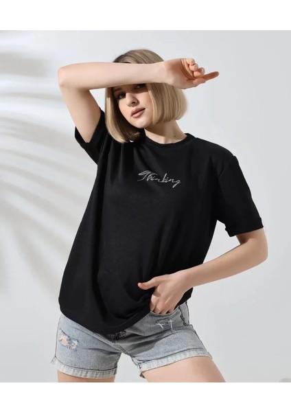 Unisex Bisiklet Yaka Baskılı Slim Fit T-Shirt - Siyah fırsatları