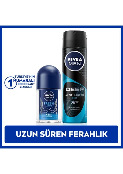 Men Erkek Sprey Deodorant Deep Aktif Karbon 150ML ve Fresh Active Mini Roll-On 25ML