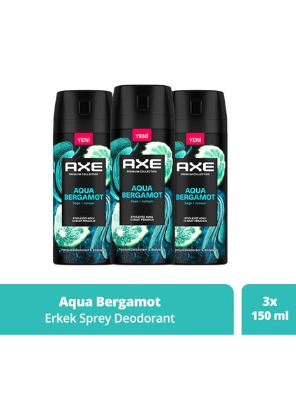 Premium Collection Erkek Sprey Deodorant Aqua Bergamot 72 Saat Ferahlık 150 ml X3