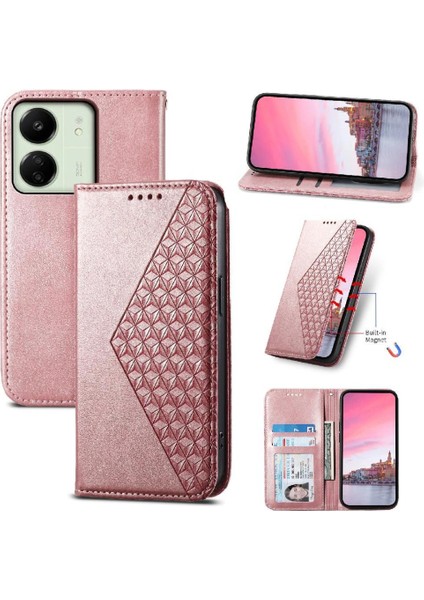 Xiaomi Redmi 13C Için Flip Case Eşkenar Dörtgen Şekli Cüzdan El Kayışı Günlük Standı (Yurt Dışından)