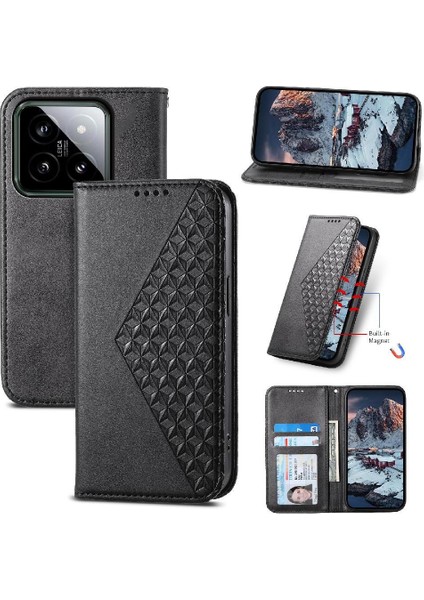 Xiaomi 14 Günlük Kullanım Için Flip Case Eşkenar Dörtgen Şekli El Kayışı Standı Cüzdan (Yurt Dışından)