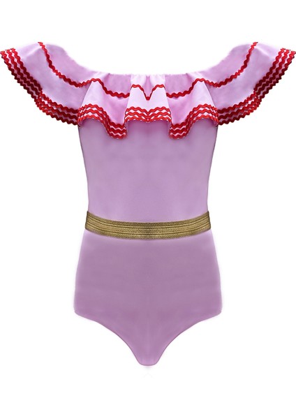 Kayık Yaka Fırfırlı Su Taşı Detaylı Gold Kemerli Pembe 50UV Kız Çocuk Mayo BY NESSI BYRD