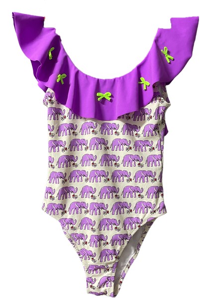 Desenli Fiyonk Detaylı Volanlı Kız Çocuk Mayo by Nessi Byrd