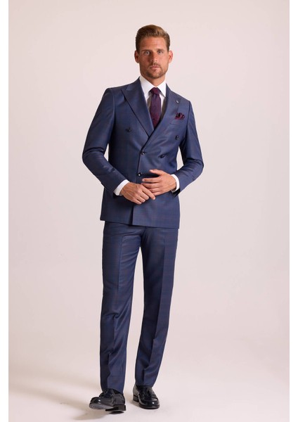 Erkek Lacivert Regular Fit Kruvaze Takım Elbise