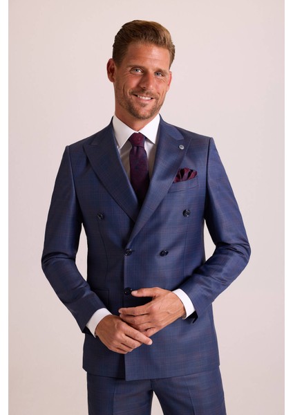 Erkek Lacivert Regular Fit Kruvaze Takım Elbise