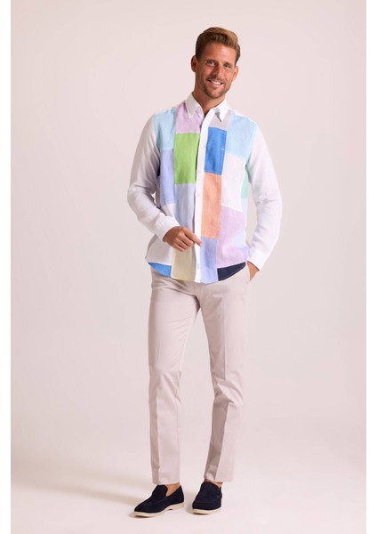 Erkek Beyaz Regular Fit Uzun Kol Keten Gömlek fiyatları