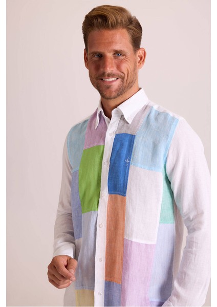 Erkek Beyaz Regular Fit Uzun Kol Keten Gömlek modelleri