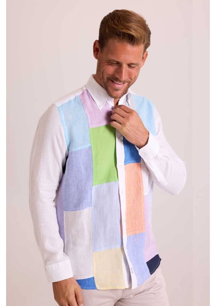 Erkek Beyaz Regular Fit Uzun Kol Keten Gömlek fırsatları