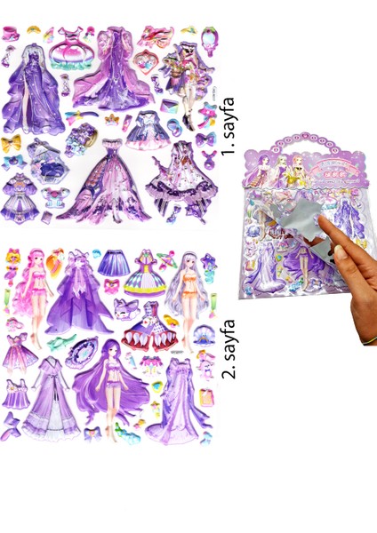 Sticker Kabartmalı Çantalı Iki Sayfalı Sticker Seti (HQK013) - 21X17 Cm- Mor Kız Giydirme
